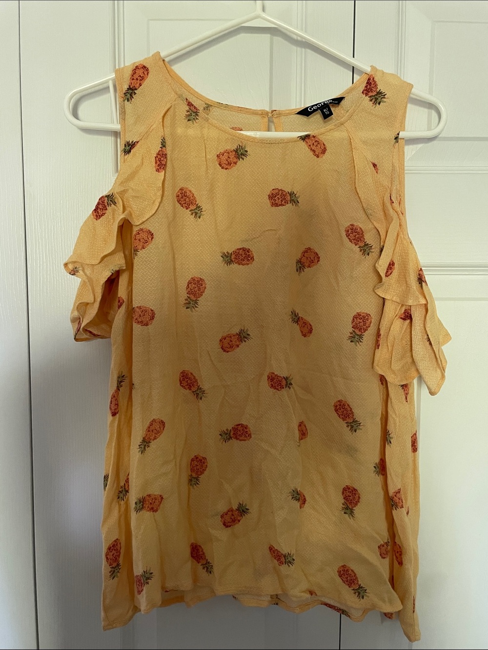 Yellow Pineapple Print Cold-Shoulder Top